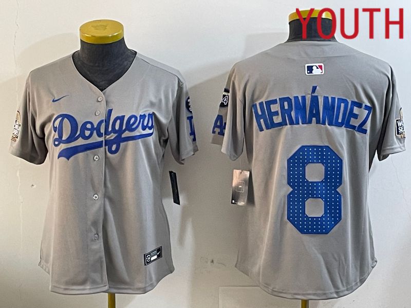 Youth Los Angeles Dodgers #8 Hernandez Grey Game 2024 Nike MLB Jersey style 12055->youth mlb jersey->Youth Jersey